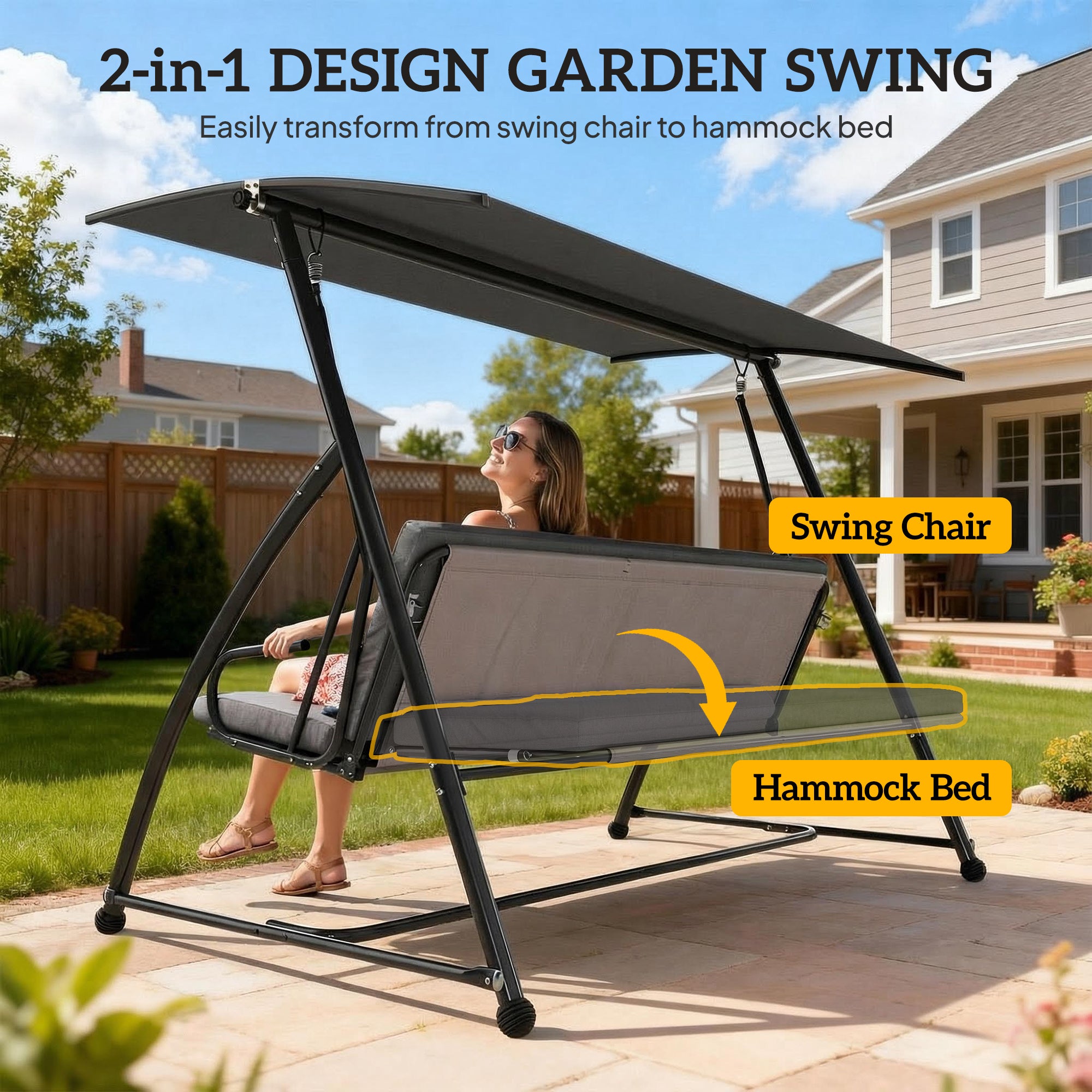 Outsunny Outdoor 2-in-1 Swing Chair Lounger 3 Seater Garden Swing Seat Bed Convertible Tilt Canopy W/ Cushion, Dark Grey 
