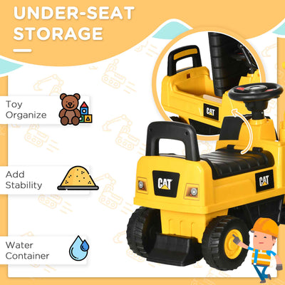 HOMCOM CAT Licensed Kids Ride on Digger Toddler Pretend Construction Play Toy Foot-To-Floor Ride-On Toy w/ Manual Shovel, Horn, Hidden Storage, for Ages 1-3 Years 