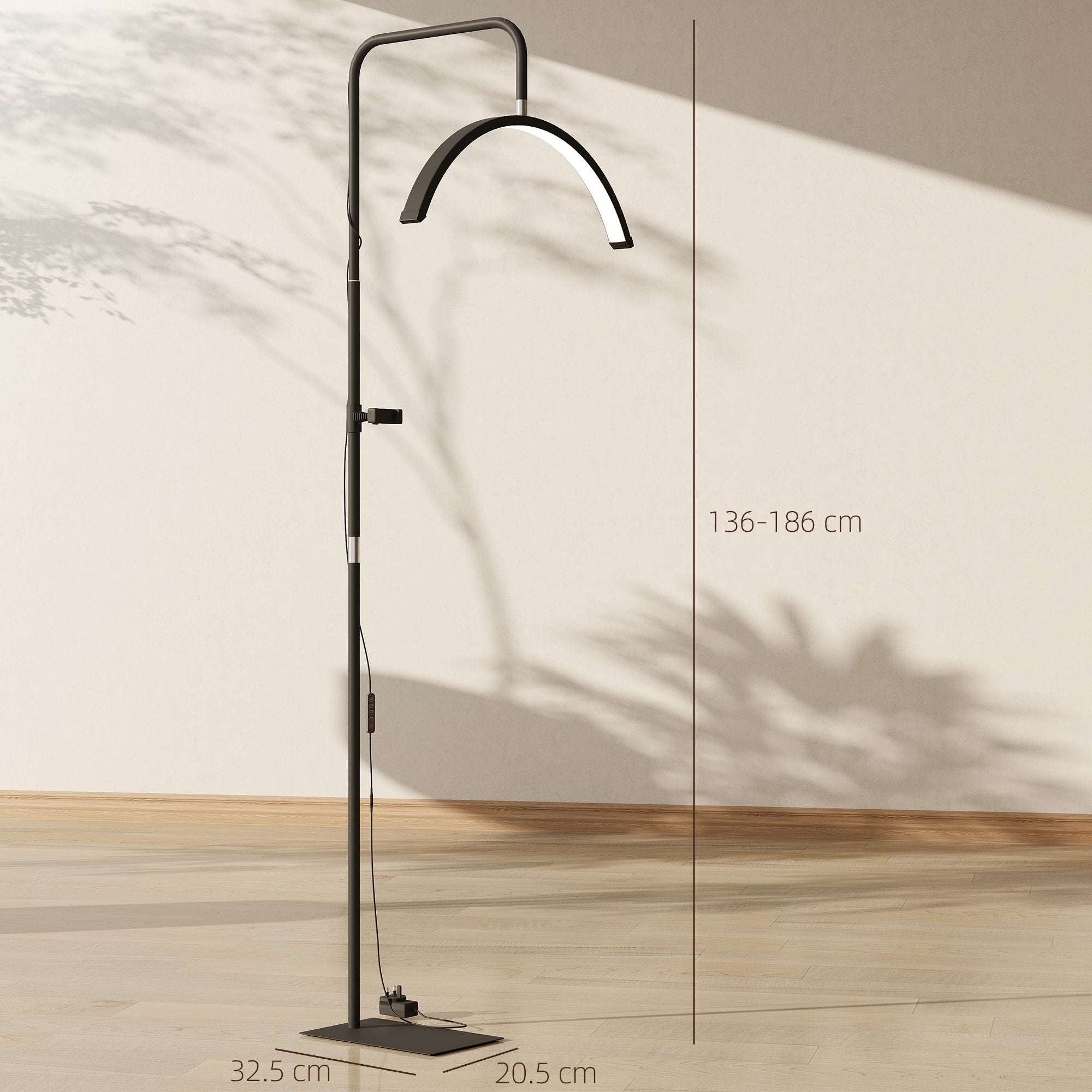 HOMCOM Half Moon Lash Light, Beauty Floor Lamp with 350° Rotatable Head, 7 Colour Temperature and Phone Holder, Dimmable Standing Lamp for Eyelash Extension, Tattoo, Nails, Skincare, Black 