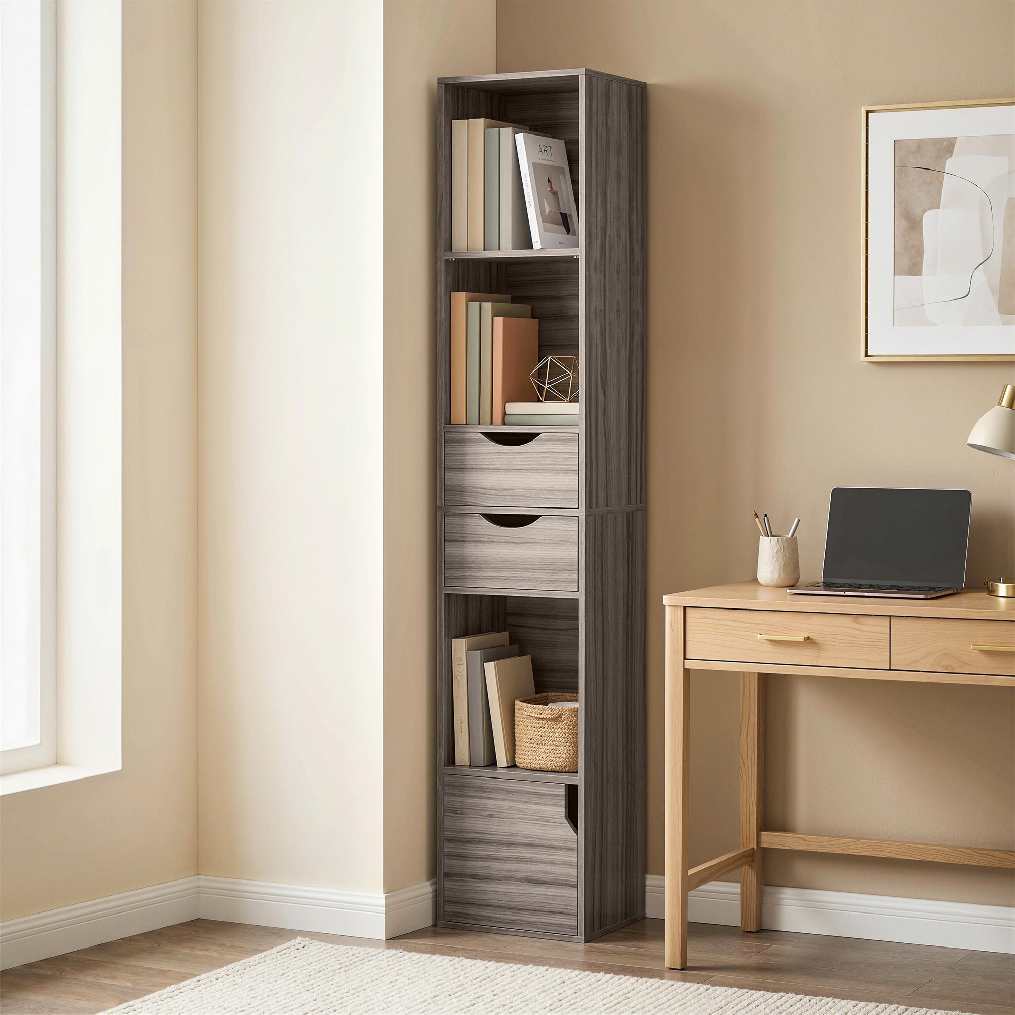 HOMCOM Bookcase with Drawers Adjustable Shelf Bookshelf with 2 Drawers and Cabinet 158 cm Grey 