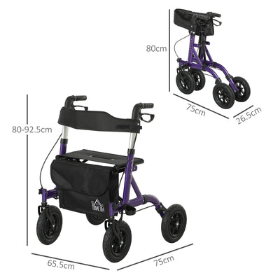 HOMCOM Folding Rollator Walker with Seat, Backrest, Lightweight Walking Frame with Storage Bag, Dual Brakes, All-terrain Wheels, Adjustable Handle Height, 4 Wheeled Walker for Seniors, Purple 