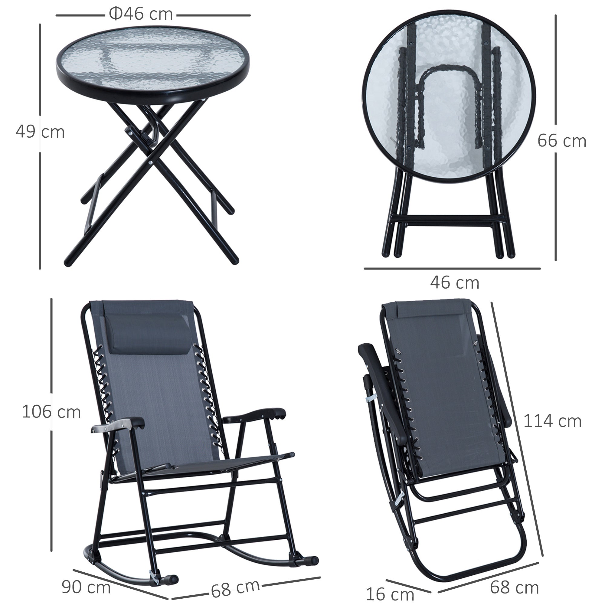 Outsunny 3 Piece Outdoor Rocking Set with 2 Folding Chairs and 1 Tempered Glass Table, Patio Bistro Set for Garden, Deck, Grey 