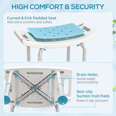 HOMCOM 6-Level Height Adjustable Aluminium Bath Room Stool Chair Shower Non-Slip Design w/ Padded Seat Drainage Holes Foot Pad, Turquoise 