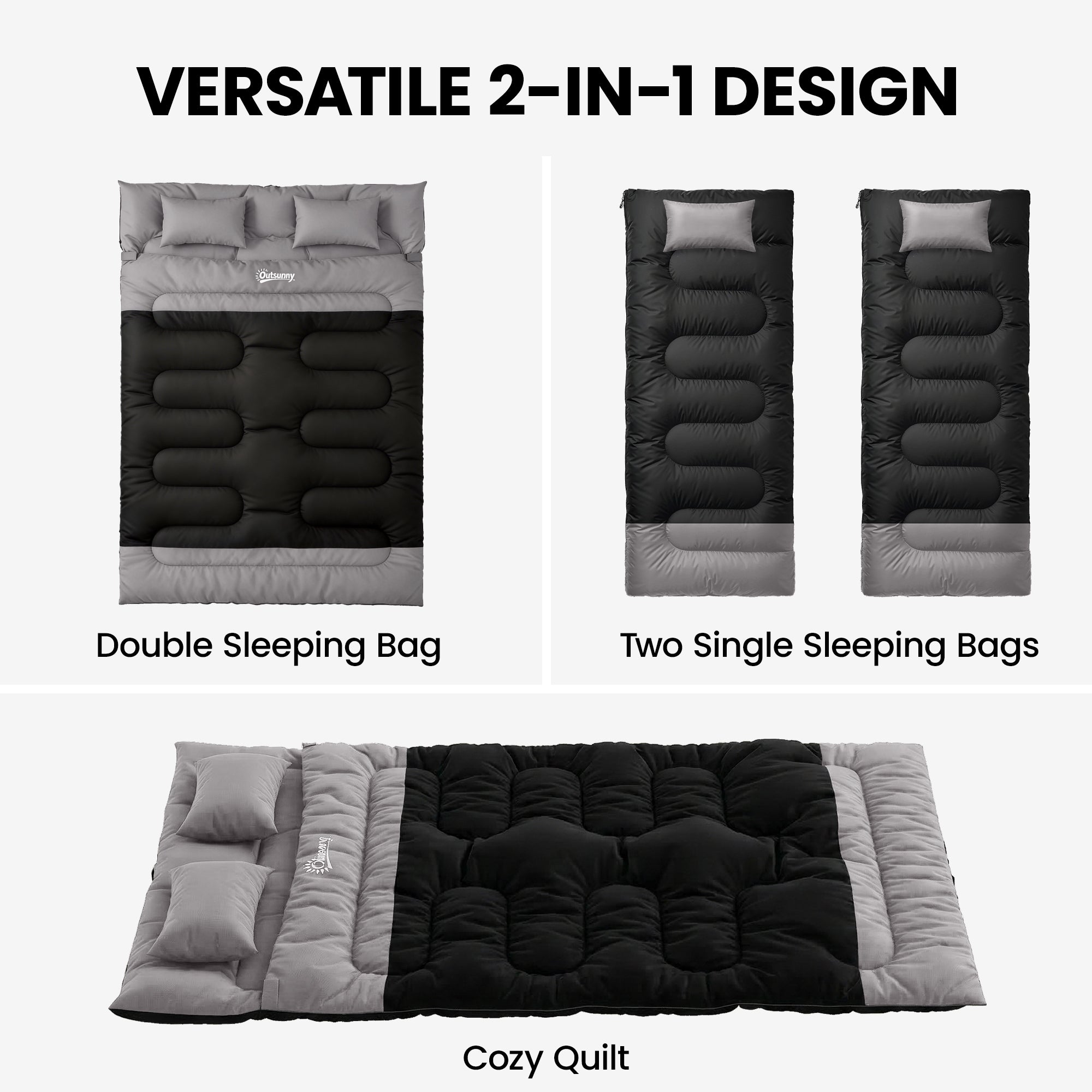 Outsunny Double Sleeping Bag with 2 Pillows, 220 x 160 cm Extra-Large Sleeping Bag for Adults, Black and Grey 
