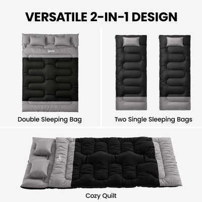 Outsunny Double Sleeping Bag with 2 Pillows, 220 x 160 cm Extra-Large Sleeping Bag for Adults, Black and Grey 