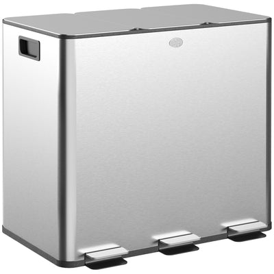HOMCOM 3 x 15L Pedal Bin, Steel Triple Kitchen Bin with Soft Close Lid, Removable Inner Buckets, Fingerprint-Proof, Silver 