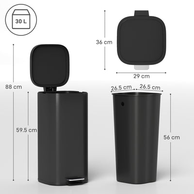 HOMCOM 30L Kitchen Bin, Compact Pedal Bin with Soft-Close and Stay-Open Lid, Removable Bucket for Kitchen, Home, Office, Black 