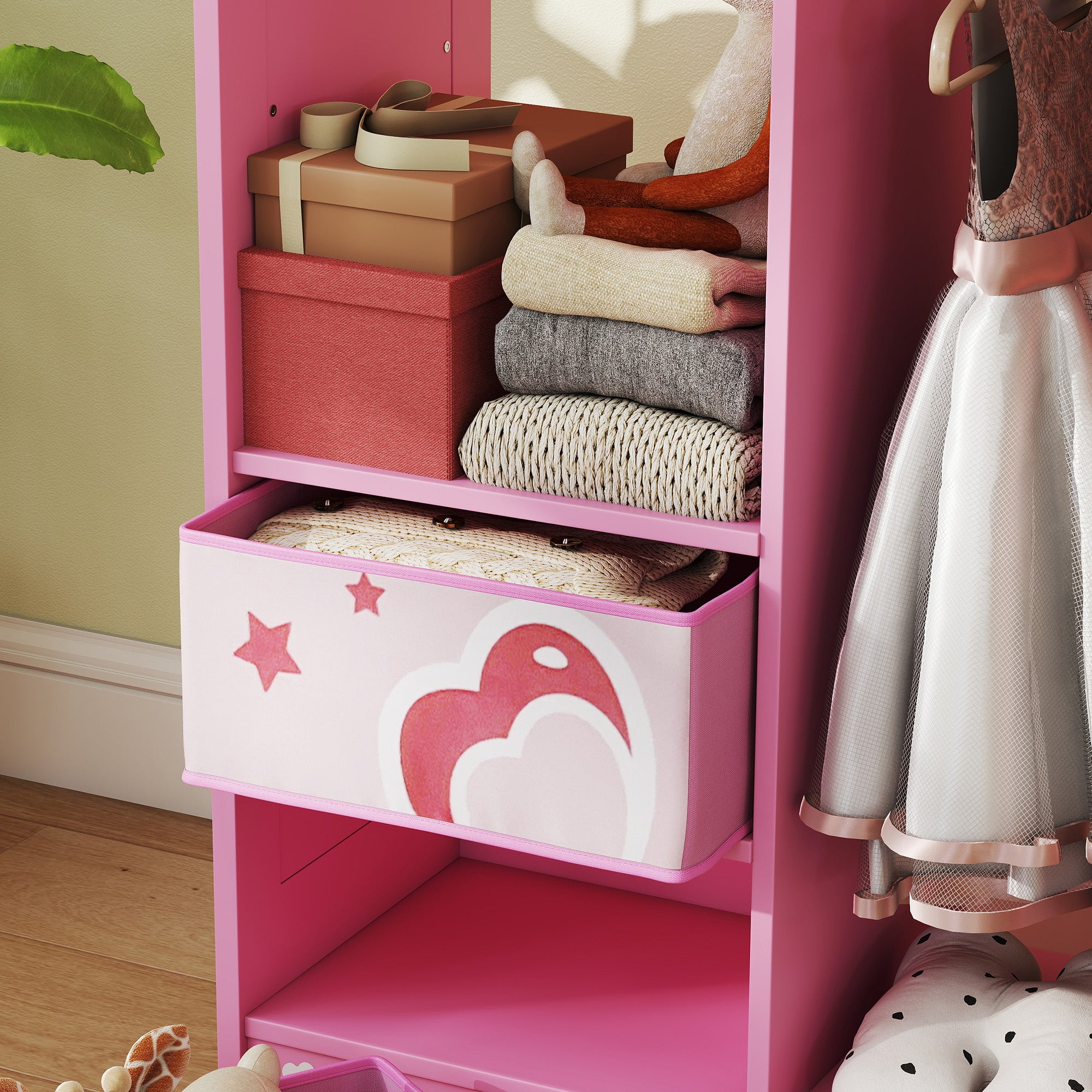 AIYAPLAY Kids Clothes Rail, Kids Wardrobe with Mirror, Shelves, Fabric Storage and Hooks for Bedroom, Nursery, Pink 