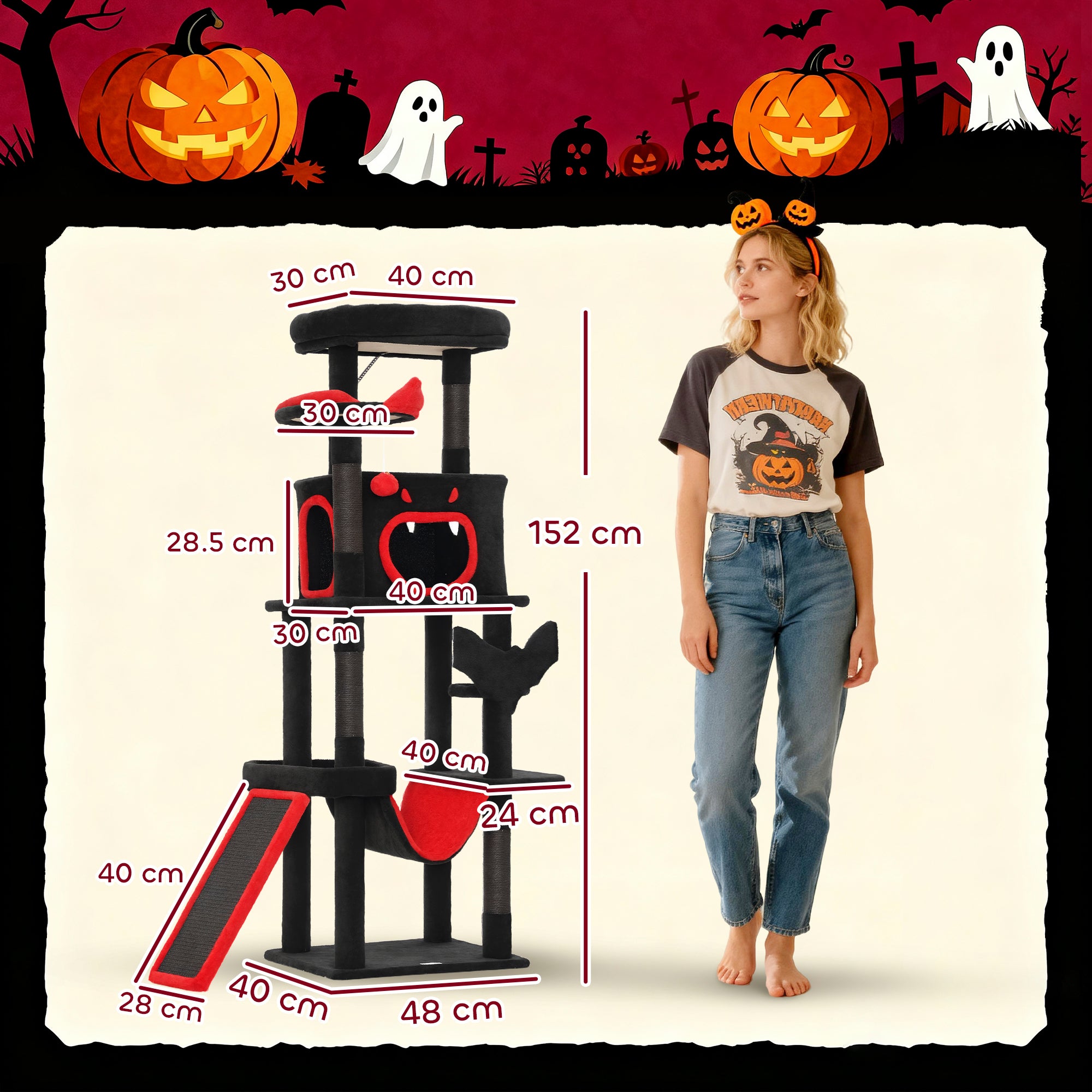 PawHut Gothic Cat Tree, 152 cm Multi-Level Cat Tower for Large Cats with Coffin Bed, Large Condo, for Halloween 