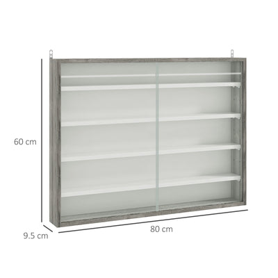 HOMCOM 5-Tier Wall Display Shelf Unit Cabinet w/ 4 Adjustable Shelves Glass Doors Home Office Ornaments 60x80cm Grey Wood Grain 