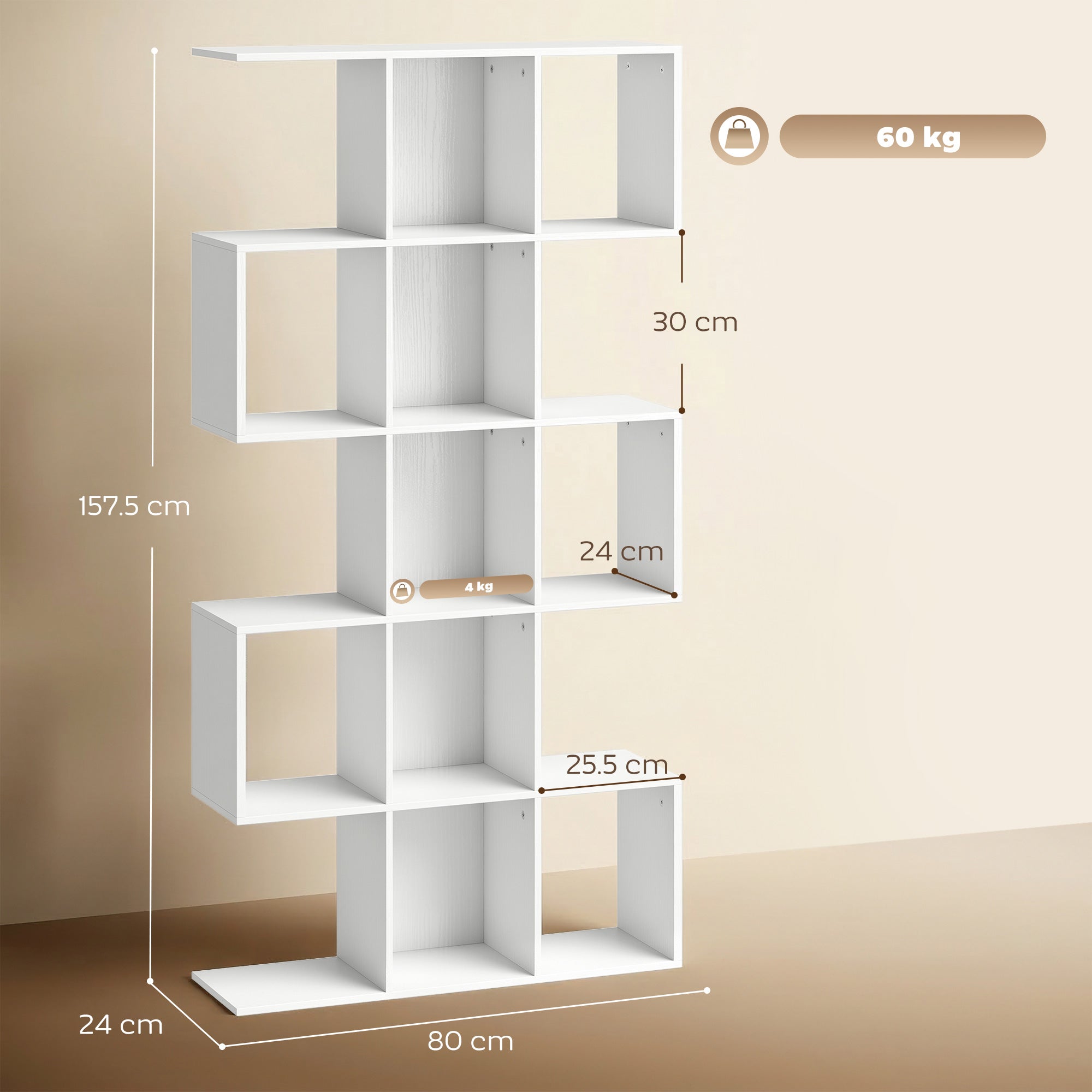 HOMCOM 5-Tier Bookshelf, S Shaped Geometric Bookcase with 15 Compartments, White Wood Effect 