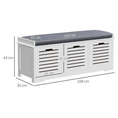 HOMCOM Shoe Storage Bench with 3 Drawers & Removable Grey Seat Cushion Hallway Organisation furniture 