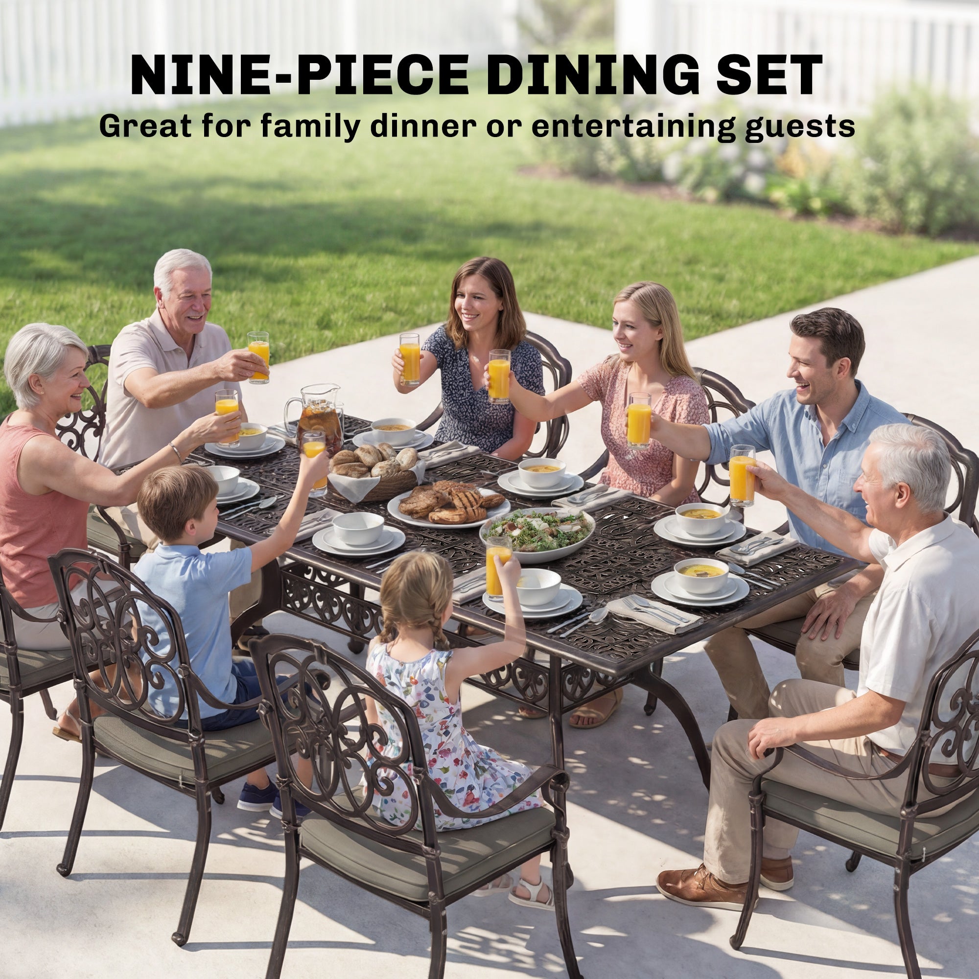 Outsunny 9 Piece Cast Aluminium Garden Dining Set, Garden Table and Chairs Set with Cushions, Parasol Hole for Patio, Bronze Tone 