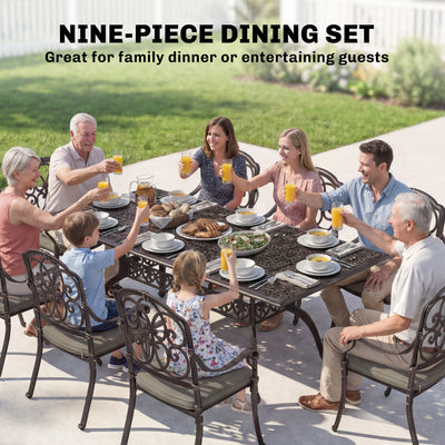 Outsunny 9 Piece Cast Aluminium Garden Dining Set, Garden Table and Chairs Set with Cushions, Parasol Hole for Patio, Bronze Tone 