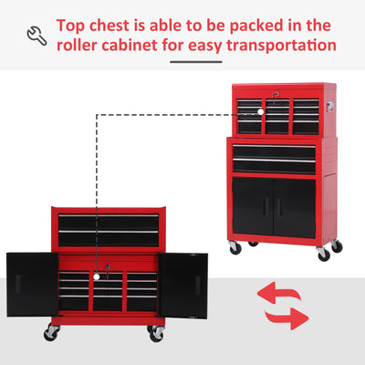 HOMCOM Tool Chest, Metal Tool Cabinet on Wheels with 6 Drawers, Pegboard, Top Chest and Roller Cabinet Combo, 61.6 x 33 x 108cm, Red and Black 