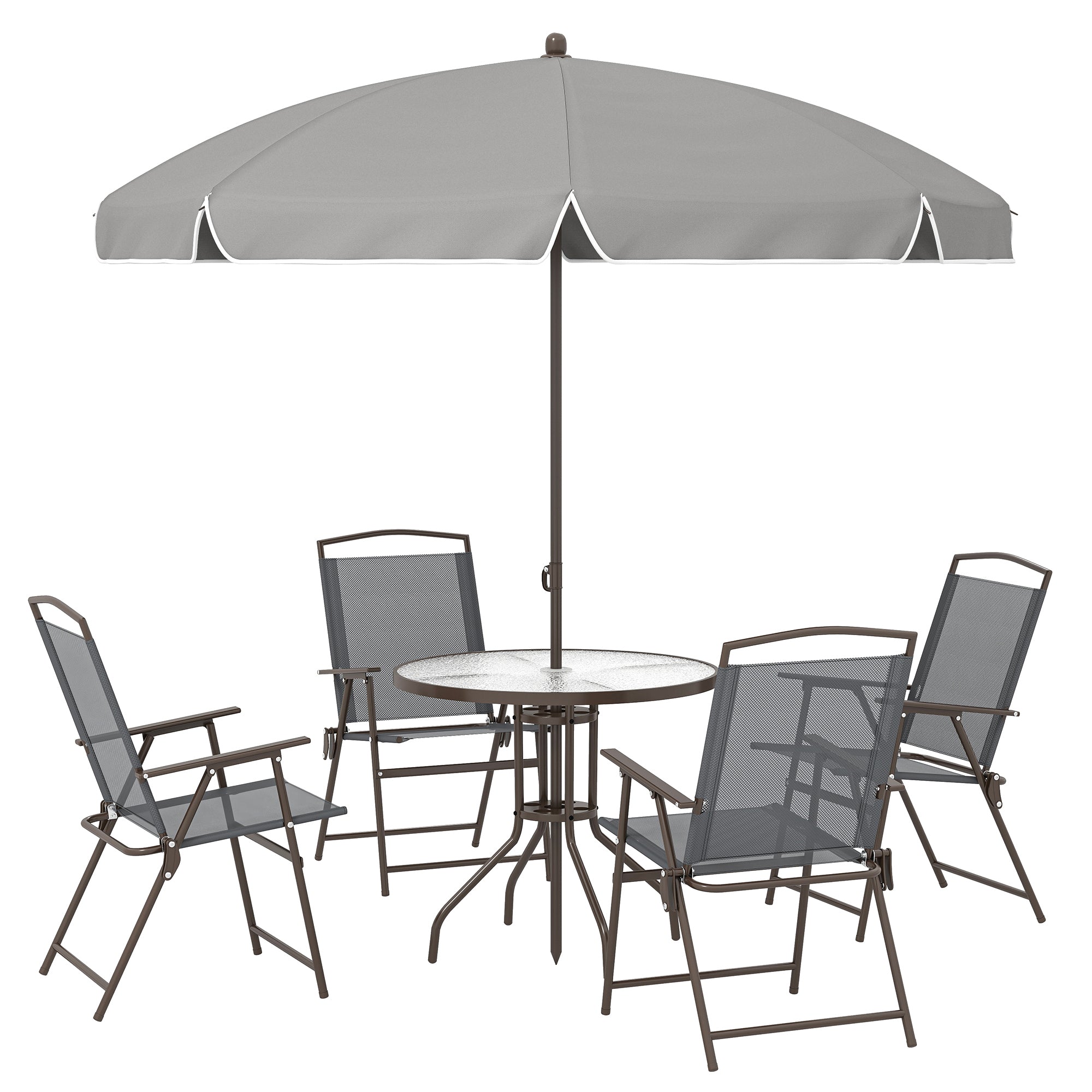 Outsunny 6 Piece Garden Dining Set with Umbrella, Patio Sets with Parasol, 4 Folding Dining Chairs, Dark Grey 