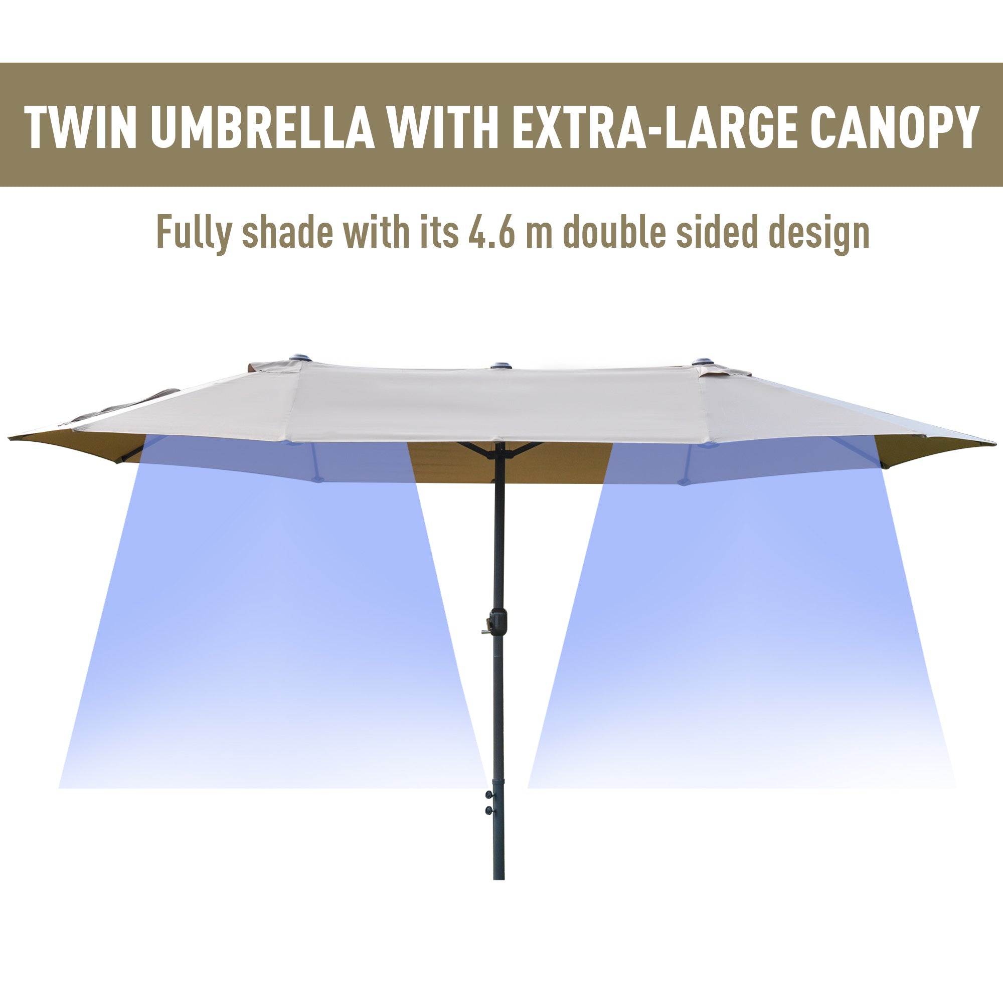 Outsunny 4.6M Sun Umbrella Canopy Double-sided Crank Sun Shade w/ Cross Base Khaki 