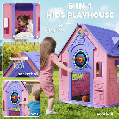 AIYAPLAY 5-in-1 Playhouse for Kids Outdoor Indoor with Basketball Hoop, Football Goal, Dartboard, Ring Toss for 2-5 Years, Pink 