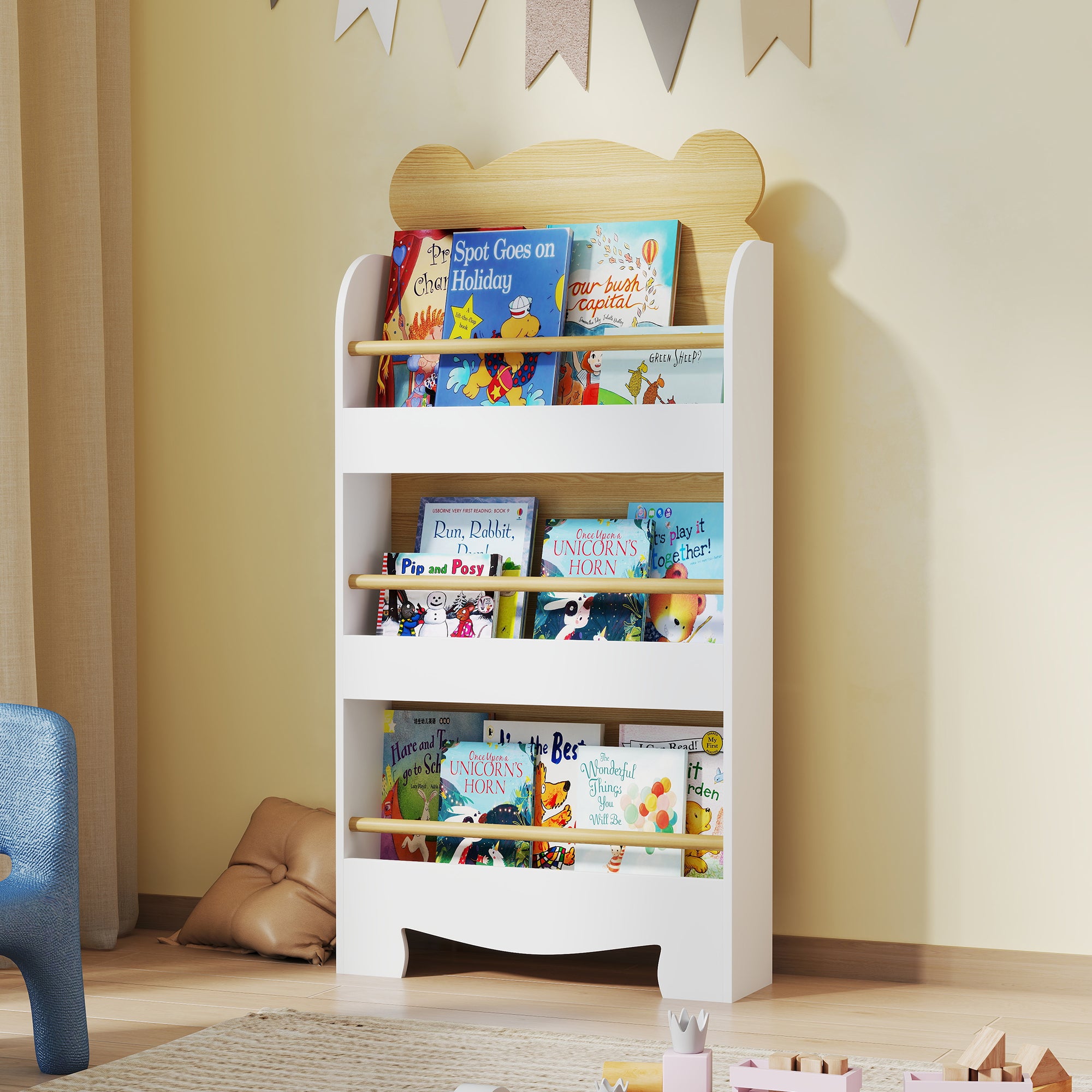 AIYAPLAY Kids Bookshelf, 3 Tier Children Bookcase, Bear Theme Toddler Space-Saving Bookcase for Living Room, White 