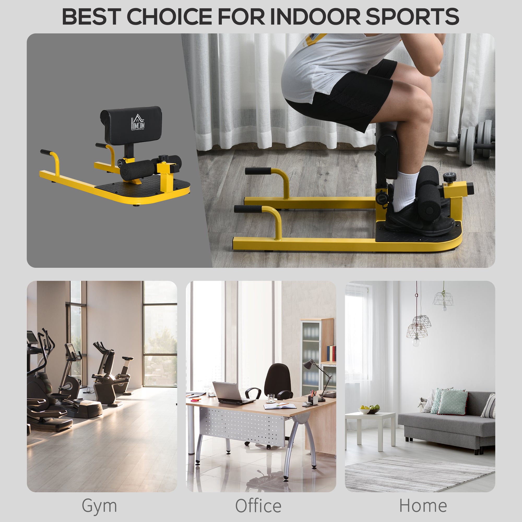 HOMCOM Squat Machine with Push Up Stand, Padded Hip Thrust Bench with Adjustable Cushion for Home Gym Work Out, Yellow 