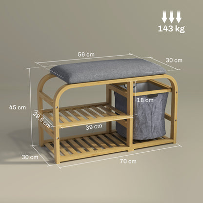 HOMCOM Bamboo Shoe Rack Bench with Padded Seat - Nature Wood Finish 