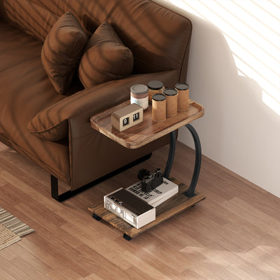 HOMCOM 2-Tier Mobile C-Shaped Side Table - Brown 