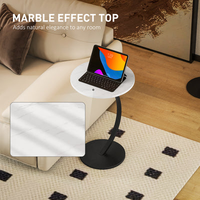 HOMCOM C Shaped Side Table, Round Bedside Table with Marble Effect Top, Modern Coffee Table Sofa End Table with Metal Frame for Living Room Bedroom Office, White 