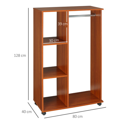 HOMCOM Open Wardrobe on Wheels, Bedroom Wardrobe with Clothes Hanging Rail, 3 Storage Shelves, Mobile Garment Rack for Cloakroom, Hallway, Walnut 
