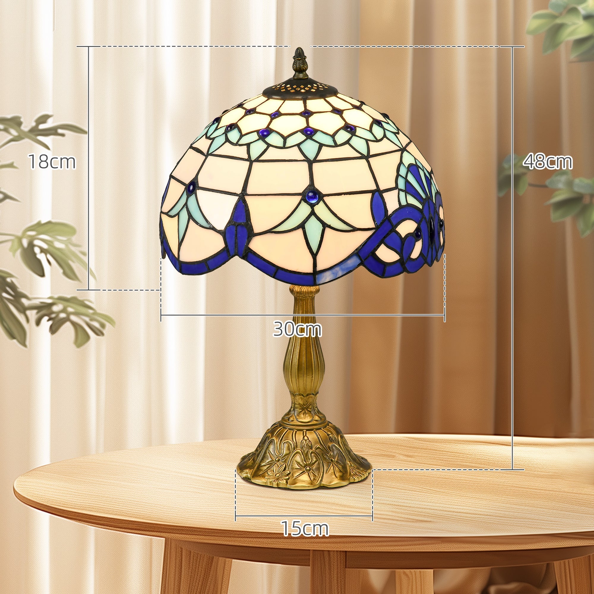 HOMCOM Stained Glass Table Lamp, Handmade Antique Bedside Lamp for Bedroom, Living room, Home, Nightstand, Decorative Night Light, Blue 