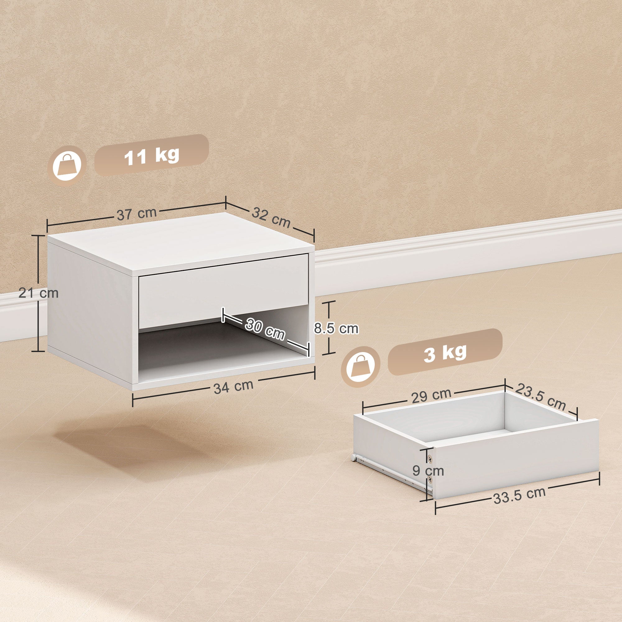 HOMCOM Set of Two Floating Bedside Tables - White 