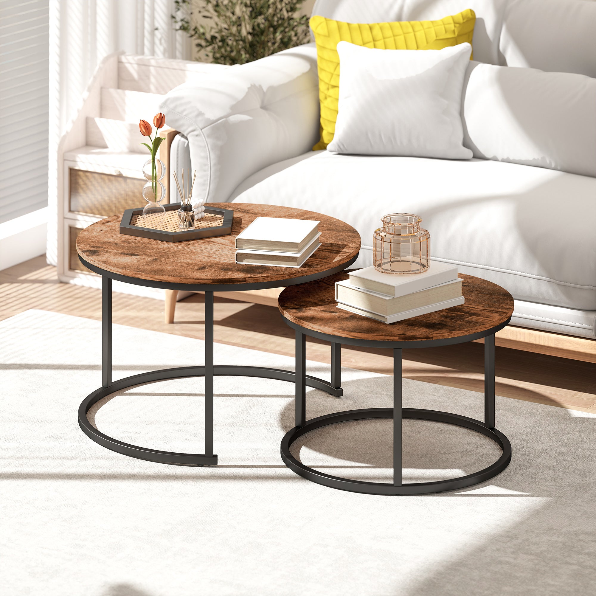 HOMCOM Coffee Table Set of 2, Round Nest of Tables with Metal Frame, Modern Side Tables for Living Room, Rustic Brown 