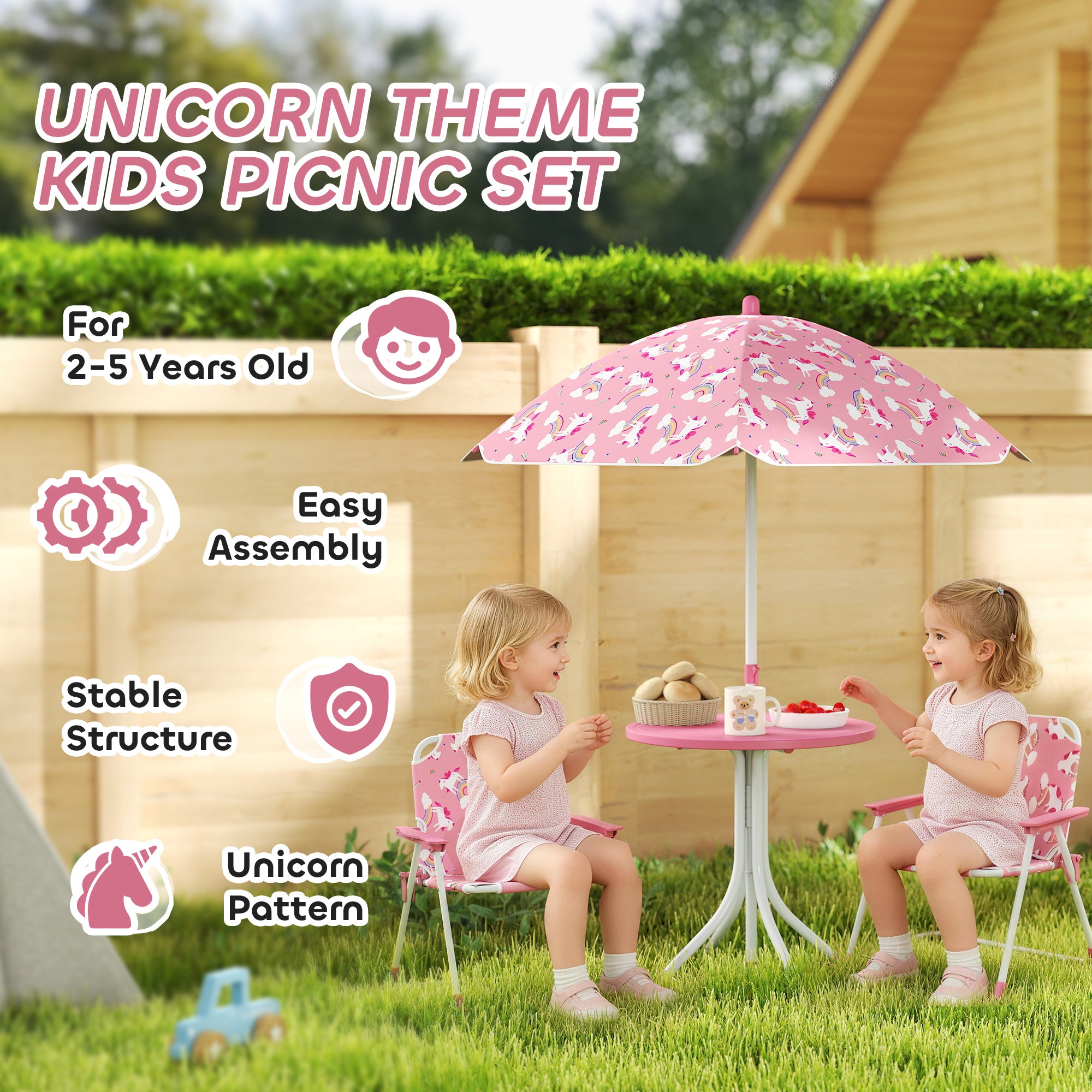 AIYAPLAY Kids Patio Table and Chair Set, Kids Garden Furniture with Umbrella, 4-Piece Bistro Set for Garden, Pink 