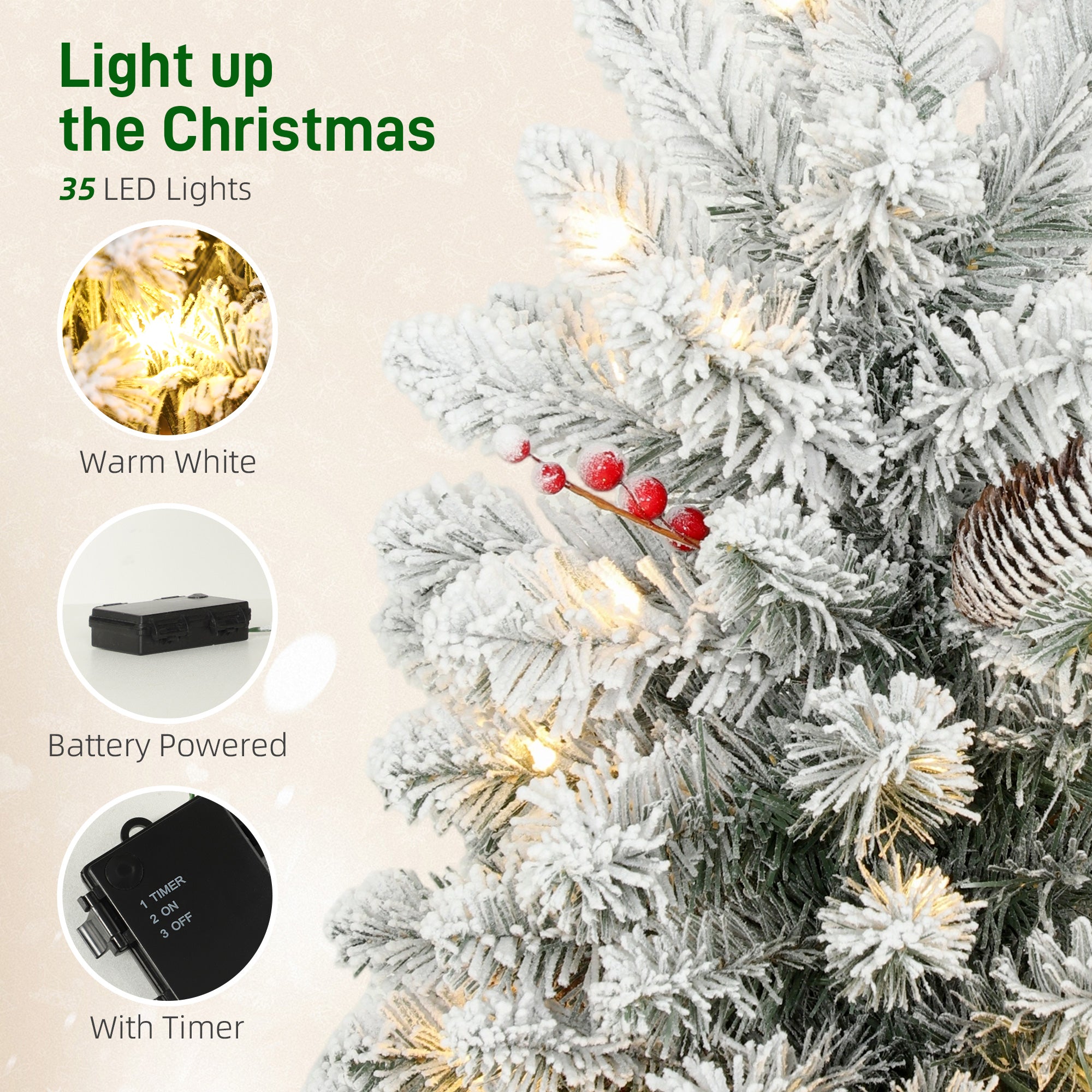 HOMCOM 60 cm Prelit Small Christmas Tree with 35 LED Lights, Snow Flocked Tabletop Mini Xmas Tree with 72 Dense Branches, Pine Cones, Berry Clusters and Linen Cover Base, Battery Operated, Green