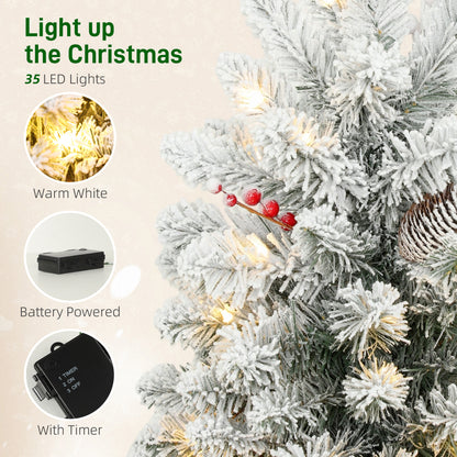 HOMCOM 60 cm Prelit Small Christmas Tree with 35 LED Lights, Snow Flocked Tabletop Mini Xmas Tree with 72 Dense Branches, Pine Cones, Berry Clusters and Linen Cover Base, Battery Operated, Green