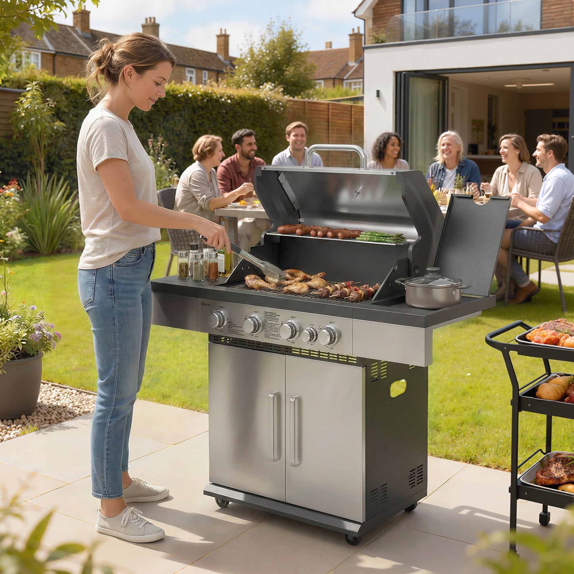 Outsunny 4+1 Burner Gas BBQ Grill, Portable Gas Barbecue Grill with Side Burner, Warming Rack, Side Shelf, Storage Cabinet 