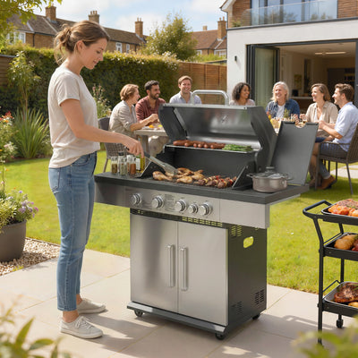 Outsunny 4+1 Burner Gas BBQ Grill, Portable Gas Barbecue Grill with Side Burner, Warming Rack, Side Shelf, Storage Cabinet 