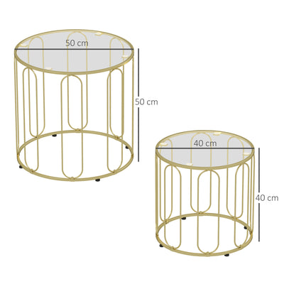 HOMCOM Round Coffee Table Set of 2, Glass Nest of Tables with Metal Frame and Tempered Glass Tabletop, Modern Side Tables for Living Room, Gold Tone 