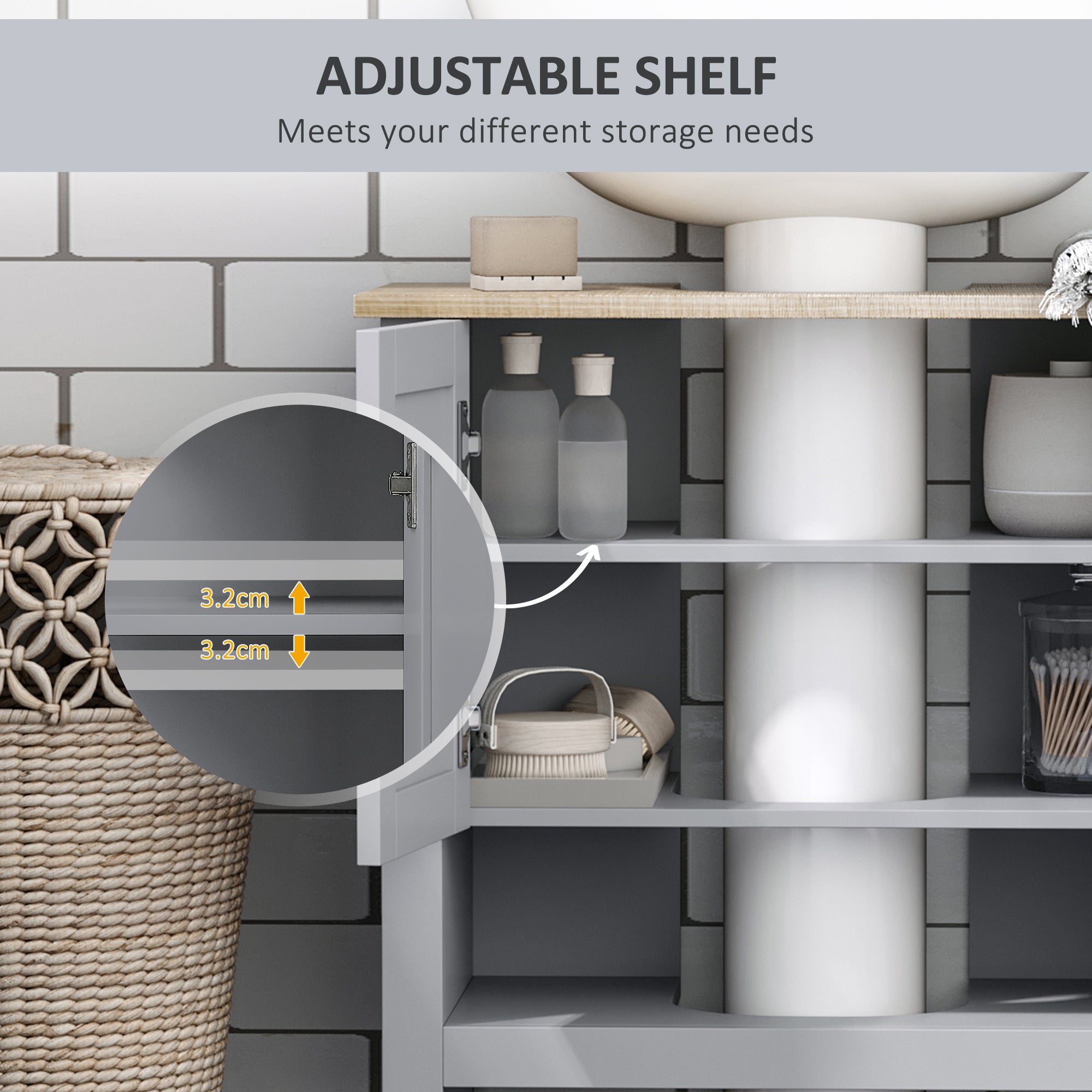 kleankin Under Sink Cabinet, Bathroom Vanity Unit, Pedestal Under Sink Design, Storage Cupboard with Adjustable Shelf, Grey 