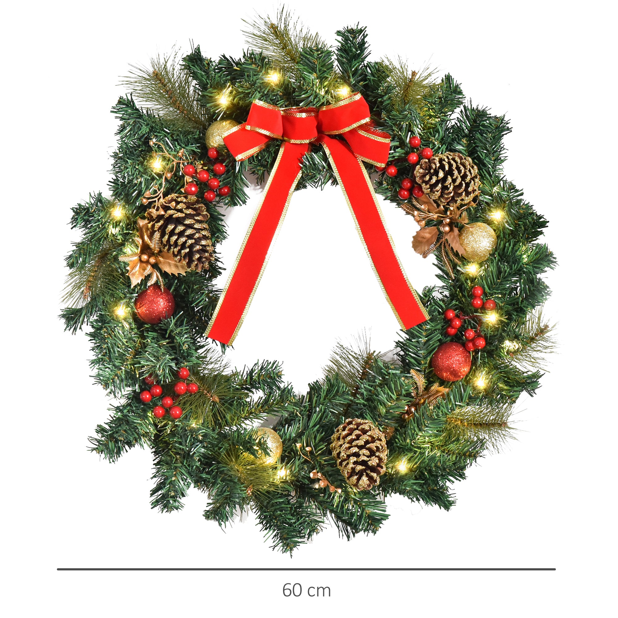 HOMCOM 60cm Pre-Lit Artificial Christmas Door Wreath Holly LED Decor Pine Cones Hanging Glittered Festival Indoor Outdoor Decoration 