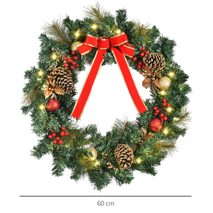 HOMCOM 60cm Pre-Lit Artificial Christmas Door Wreath Holly LED Decor Pine Cones Hanging Glittered Festival Indoor Outdoor Decoration 