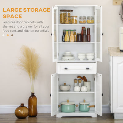 HOMCOM Kitchen Cupboard, Freestanding Storage Cabinet with 2 Adjustable Shelves, Drawer and Glass Door for Living Room, Dining Room, 160cm, White 
