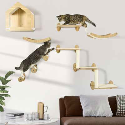 PawHut 8 Piece Cat Shelves Set, with Cat House, Three Perches, Three Scratching Posts 