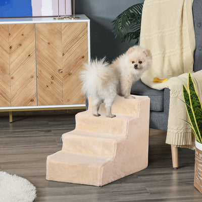 PawHut Four-Step Dog Stairs, with Washable Plush Cover, for High Bed Sofa, Dog Stairs for Small Dog and Cat - Beige 