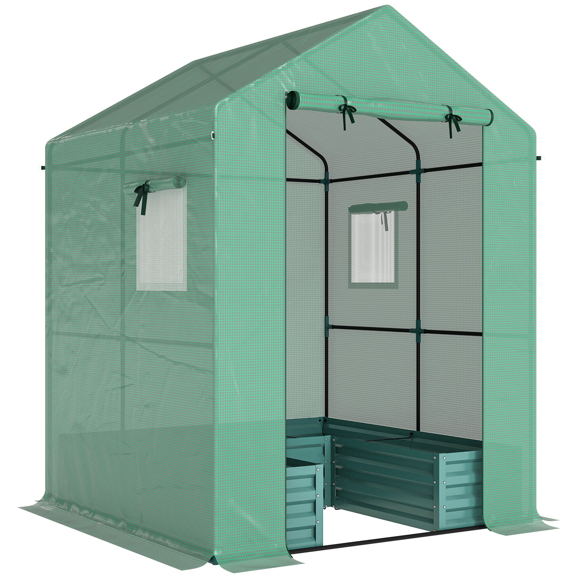 Outsunny Small Greenhouse with Raised Garden Bed, Galvanised Walk-in Greenhouse with Roll Up Windows, 141 x 141 x 190 cm, Green 