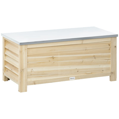 Outsunny 155L Outdoor Storage Box with Metal Top and Shutter Walls, Wooden Outside Tool organiser Container, for Garden, terrace 