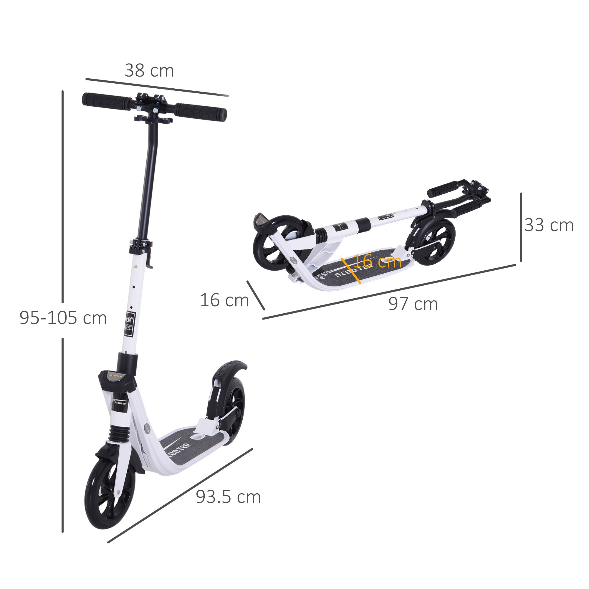 HOMCOM Folding Kick Scooter Hight-Adjustable Urban Scooter w/ Rear Brake, Double Shock Absorption System & 2 Big Wheels, For 14+ Teens Adult, White 