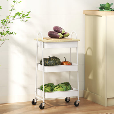 HOMCOM 3-Tier Kitchen Storage Trolley with on Wheels Cover Top Board - White and Oak 