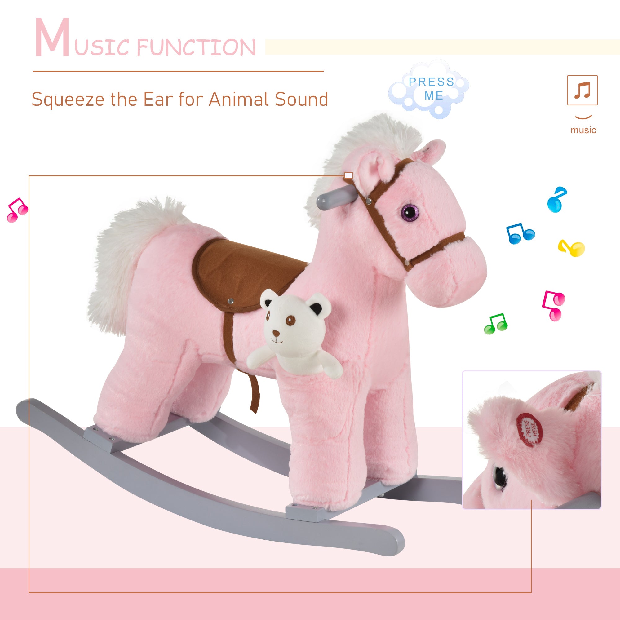 HOMCOM Kids Plush Ride-On Rocking Horse Toy Rocker with Plush Toy Realistic Sounds for Child 18-36 Months Pink 