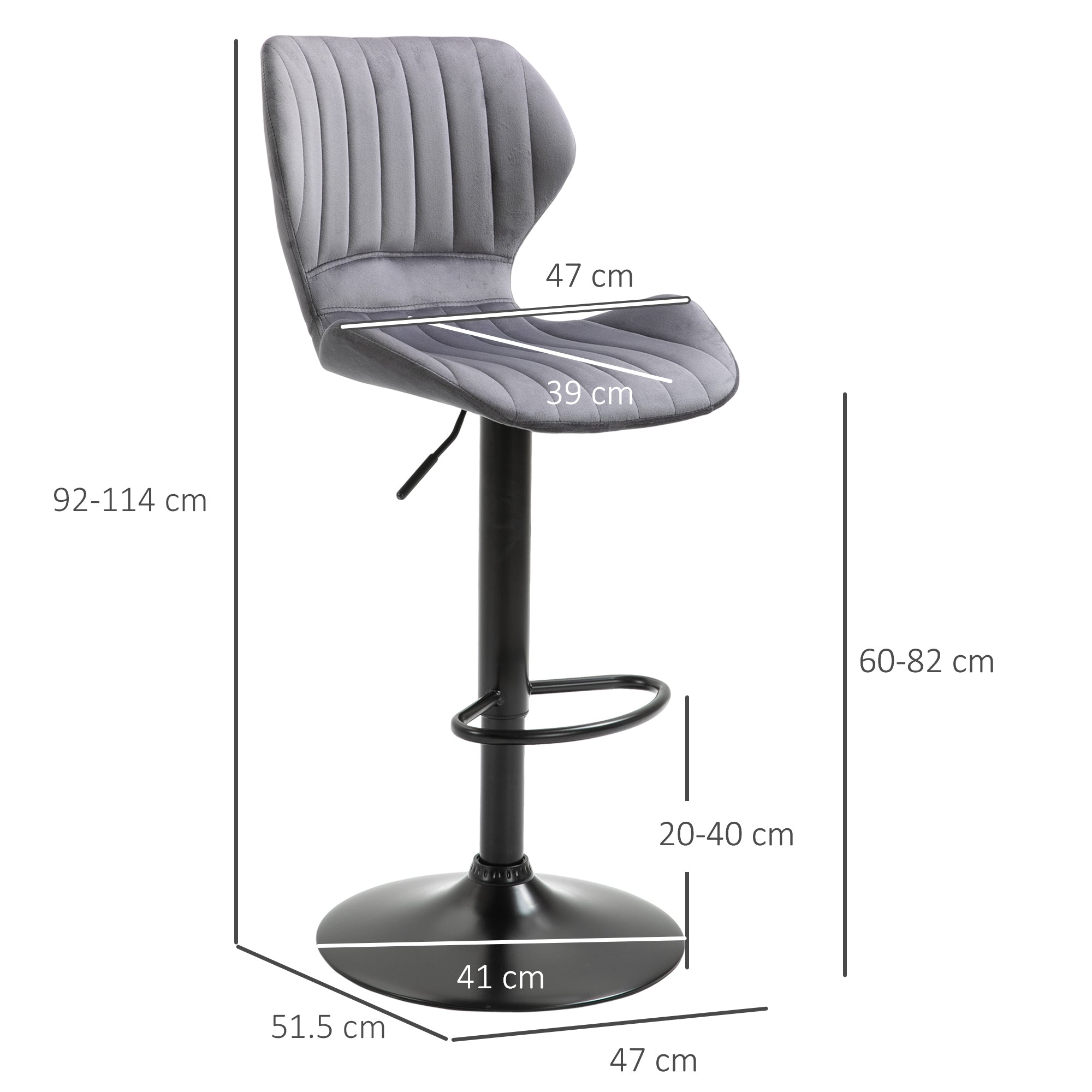 HOMCOM Bar Stool Set of 2 Velvet-Touch Fabric Adjustable Height Swivel Counter Chairs with Footrest, Grey 