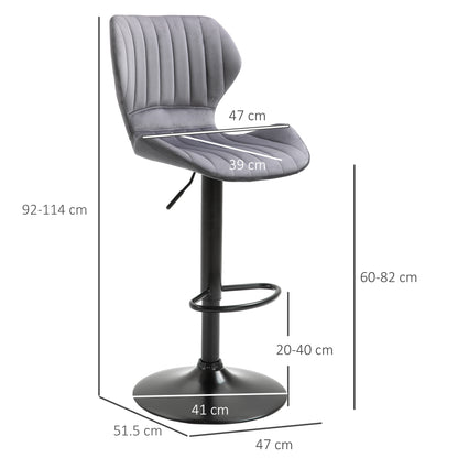 HOMCOM Bar Stool Set of 2 Velvet-Touch Fabric Adjustable Height Swivel Counter Chairs with Footrest, Grey 